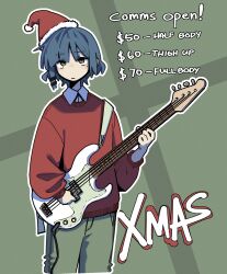 1girl absurdres bass_guitar black_ribbon blue_hair bocchi_the_rock! collared_shirt english_text hair_ornament hairclip hat highres holding holding_bass_guitar holding_instrument instrument looking_at_viewer machuuu68 medium_hair mole mole_under_eye neck_ribbon red_sweater ribbon santa_hat shirt simple_background sweater white_shirt yamada_ryo yellow_eyes