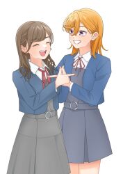 Rule 34 | 2girls, blue jacket, brown hair, closed eyes, collared shirt, commentary request, cropped jacket, date sayuri, dress, grey dress, highres, jacket, long sleeves, looking at another, love live!, love live! superstar!!, medium hair, multiple girls, neck ribbon, open clothes, open jacket, open mouth, orange hair, purple eyes, real life, red ribbon, ribbon, school uniform, shibuya kanon, shirt, smile, standing, teeth, upper body, upper teeth only, voice actor, voice actor connection, wabe417, white background, white shirt, winter uniform, yuigaoka school uniform