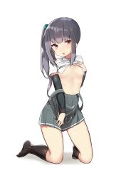 Rule 34 | 10s, 1girl, absurdres, bad id, bad twitter id, brown eyes, clothes lift, flat chest, grey hair, highres, kantai collection, kasumi (kancolle), kneeling, mitsudoue, no bra, parted lips, pleated skirt, shirt lift, side ponytail, skirt, solo, suspenders, suspenders slip, undressing, white background