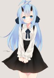 Rule 34 | 1girl, ahoge, azur lane, bad id, bad pixiv id, black ribbon, black skirt, blue eyes, blue hair, blush, cowboy shot, frilled sleeves, frills, grey background, hair ribbon, heart, highres, horns, inazuma (azur lane), long hair, long sleeves, looking at viewer, mimelond, neck ribbon, oni horns, own hands together, parted lips, ribbon, shirt, simple background, skirt, solo, standing, straight hair, suspender skirt, suspenders, translated, twitter username, v arms, white shirt