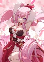 Rule 34 | 1girl, absurdres, arms behind head, blurry, braid, branch, breasts, chinese clothes, cleavage, clothing cutout, commentary request, cowboy shot, depth of field, dress, elf, elysia (honkai impact), elysia (peachy spring) (honkai impact), falling petals, flower, hair between eyes, hair flower, hair ornament, hair ribbon, highres, honkai (series), honkai impact 3rd, lexingrakukouu, long hair, looking at viewer, medium breasts, petals, pink hair, pointy ears, puffy sleeves, purple eyes, red dress, red flower, red ribbon, ribbon, see-through, see-through sleeves, single braid, smile, solo, symbol-shaped pupils, very long hair, white flower
