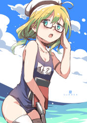 Rule 34 | 1girl, alternate breast size, blonde hair, blue eyes, blue one-piece swimsuit, blue sky, book, breasts, cloud, commentary request, day, futatsuki hisame, glasses, hat, highres, horizon, i-8 (kancolle), kantai collection, low twintails, name tag, one-piece swimsuit, outdoors, peaked cap, red-framed eyewear, school swimsuit, semi-rimless eyewear, sky, small breasts, solo, swimsuit, thighhighs, twintails, under-rim eyewear, white thighhighs