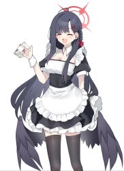 1girl alternate_costume apron bagjeomlye88315 black_dress black_thighhighs black_wings blue_archive braid dress feathered_wings hair_ornament hairclip halo highres ichika_(blue_archive) letter low_wings maid maid_apron maid_headdress red_halo solo thighhighs wings