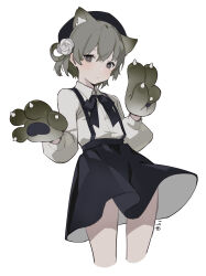Rule 34 | 1girl, absurdres, animal ears, animal hands, beret, black hat, black ribbon, black skirt, bright pupils, brown eyes, cat ears, closed mouth, collared shirt, commentary request, cropped legs, flower, furrowed brow, gloves, hair flower, hair ornament, hands up, hat, hatoba tsugu, highres, kemonomimi mode, light blush, light brown hair, light frown, long sleeves, looking at viewer, maorzshu, mole, mole under eye, neck ribbon, paw gloves, raised eyebrows, ribbon, rose, shirt, shirt tucked in, signature, simple background, single hair ring, skirt, solo, suspender skirt, suspenders, tsugu (vtuber), v, virtual youtuber, white background, white flower, white pupils, white rose, white shirt