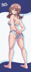 Rule 34 | 1girl, absurdres, arms behind back, artist request, ass, back, bare legs, bikini, blue bikini, blush, breasts, brown eyes, brown hair, closed mouth, feet, harukana receive, highres, legs, looking at viewer, looking back, medium breasts, medium hair, official art, oozora haruka (harukana receive), pointing, pointing down, polka dot, polka dot background, sideboob, simple background, smile, solo, standing, swimsuit, twintails