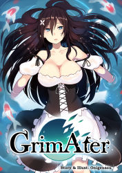 Rule 34 | 1girl, apron, bare shoulders, black hair, blue eyes, breasts, cleavage, copyright name, corset, cover, cover page, detached sleeves, dress, fish, floating, floating hair, hair ornament, highres, koi, large breasts, long hair, onigensou, original, puffy short sleeves, puffy sleeves, short sleeves, solo, symbol-shaped pupils, waist apron, water, wet, wet clothes, x hair ornament