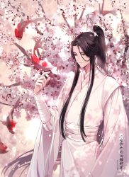 Rule 34 | 1boy, absurdres, artist name, bandaged arm, bandages, bishounen, black hair, branch, brown eyes, cherry blossoms, chinese clothes, chu wanning, closed mouth, commentary request, copyright name, erha he tadebai mao shizun, expressionless, eyelashes, fish, floating hair, flower, hair ornament, hand up, hanfu, high ponytail, highres, husky and his white cat shizun, koi, lem tea, long hair, long sleeves, looking away, male focus, parted bangs, petals, ponytail, robe, sidelocks, solo, standing, very long hair, white robe, wide sleeves