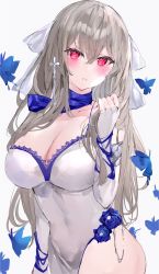 Rule 34 | 1girl, azur lane, blue butterfly, blush, bow, breasts, bug, butterfly, cleavage, commission, covered navel, cowboy shot, dress, elbow gloves, fingerless gloves, gloves, grey dress, grey hair, hair between eyes, hair bow, hair ornament, hand up, highres, insect, large breasts, long hair, looking at viewer, mile (off8mile), mole, mole under eye, parted lips, pink eyes, saint-louis (azur lane), saint-louis (holy knight&#039;s resplendence) (azur lane), skeb commission, solo, standing, white bow