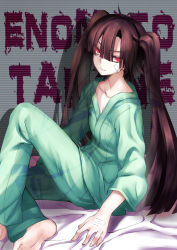 Rule 34 | 1girl, aki663, bandaid, barefoot, black hair, character name, enomoto takane, hospital gown, kagerou project, long hair, red eyes, solo, twintails