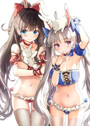 Rule 34 | 2girls, animal, animal ears, animal on head, armpits, black legwear, blue bow, blue eyes, blue panties, blue ribbon, blush, borrowed character, bow, braid, breasts, brown hair, cleavage, clothing cutout, collarbone, crop top, cross-laced clothes, cross-laced cutout, cross-laced top, detached sleeves, fishnet legwear, fishnets, french braid, frilled panties, frills, grey hair, groin, hair bow, highres, long hair, looking at viewer, lowleg, lowleg panties, medium breasts, multiple girls, navel, neck ribbon, on head, original, panties, ponytail, puffy short sleeves, puffy sleeves, purple eyes, rabbit, rabbit ears, rabbit on head, rangu, red bow, red panties, red ribbon, ribbon, short sleeves, sidelocks, simple background, skindentation, small breasts, smile, stomach, thighhighs, thighs, twintails, underwear, very long hair, white background, white legwear, wrist ribbon