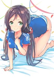 Rule 34 | 10s, 1girl, 2014 fifa world cup, absurdres, all fours, ass, barefoot, blush, breasts, confetti, green eyes, highres, japan, kame^^, large breasts, long hair, looking at viewer, love live!, love live! school idol project, panties, purple hair, smile, soccer, soccer uniform, solo, sportswear, striped clothes, striped panties, tojo nozomi, twintails, underwear, world cup