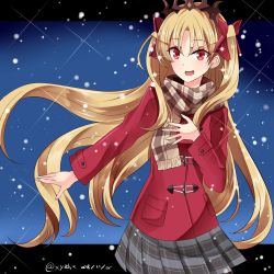 Rule 34 | 1girl, :d, blonde hair, bow, brown scarf, commentary request, dated, ereshkigal (fate), fate/grand order, fate (series), fingernails, fringe trim, grey skirt, hair between eyes, hair bow, hebitsukai-san, highres, jacket, long hair, long sleeves, looking at viewer, open mouth, parted bangs, plaid, plaid scarf, plaid skirt, pleated skirt, red bow, red eyes, red jacket, scarf, sidelocks, skirt, smile, solo, tiara, twitter username, two side up, very long hair