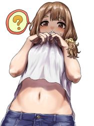 Rule 34 | 1girl, ?, blouse, blunt bangs, blush, brown hair, clothes lift, covered mouth, denim, groin, hair ornament, hair scrunchie, highres, idolmaster, idolmaster million live!, jeans, looking at viewer, looking down, midriff, miyao miya, navel, pants, scrunchie, shirt, shirt hold, shirt lift, side ponytail, simple background, solo, spoken question mark, sweatdrop, takehyiro, thick eyebrows, white background, white shirt
