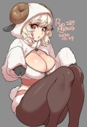 Rule 34 | 1girl, 2020, agawa ryou, artist name, breasts, brown pantyhose, cleavage cutout, clothing cutout, commentary, dated, grey background, hood, hoodie, hooves, horns, large breasts, looking at viewer, original, pantyhose, parted lips, sheep horns, short hair, signature, simple background, solo, thick eyebrows