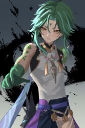 Rule 34 | 1boy, arm tattoo, bead necklace, beads, commentary request, diamond (shape), eyeliner, eyeshadow, facial mark, forehead mark, genshin impact, gloves, green gloves, green hair, highres, jewelry, looking at viewer, makeup, male focus, mask, multicolored hair, nece6556, necklace, parted bangs, parted lips, pendant, reaching, reaching towards viewer, red eyeliner, red eyeshadow, short hair with long locks, shoulder spikes, solo, spikes, streaked hair, tassel, tattoo, unworn mask, xiao (genshin impact), yellow eyes
