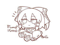 Rule 34 | 1girl, anniversary, ascot, blush stickers, bow, brown theme, chibi, closed mouth, detached sleeves, full body, fumo (doll), hair between eyes, hair bow, hair tubes, hakurei reimu, high contrast, jitome, long sleeves, looking at viewer, monochrome, nejikirio, ribbon-trimmed skirt, ribbon-trimmed sleeves, ribbon trim, second-party source, sidelocks, signature, simple background, sitting, skirt, sleeves past fingers, sleeves past wrists, smile, solo, star (symbol), touhou, vest, white background, wide sleeves