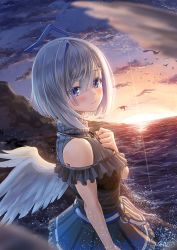 Rule 34 | 1girl, amane kanata, amane kanata (work), angel wings, bare shoulders, bird, black shirt, blue skirt, blush, cloud, cloudy sky, commentary request, dawn, frilled skirt, frills, hair between eyes, hair ornament, hairclip, halo, hololive, jewelry, looking at viewer, looking back, necklace, ocean, pleated skirt, purple eyes, shirt, short hair, silver hair, skirt, sky, sleeveless, sleeveless shirt, smile, solo, swept bangs, virtual youtuber, waves, windfeathers, wings