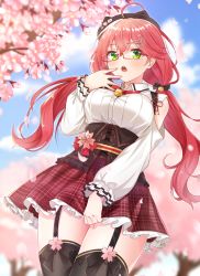 Rule 34 | 1girl, 35p (sakura miko), absurdres, ahoge, alternate costume, alternate hairstyle, animal hat, black hat, black thighhighs, cherry blossoms, garter belt, garter straps, glasses, green eyes, hair between eyes, hair ornament, hairclip, hat, highres, hololive, hoshino reiji, nail polish, official alternate costume, open mouth, outdoors, petals, pink hair, pink nails, sakura miko, sakura miko (casual), skirt, sky, teeth, thighhighs, twintails, upper teeth only, virtual youtuber