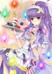 Rule 34 | 1girl, :&lt;, alternate hairstyle, apron, bad id, bad pixiv id, blue eyes, chocolate, crescent, crescent hair ornament, crescent moon, female focus, food, fruit, hair ornament, highres, ice cream, icywood, long hair, maid headdress, moon, parfait, patchouli knowledge, ponytail, purple hair, solo, sundae, touhou, tray, waitress