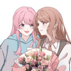 Rule 34 | 2girls, bang dream!, bang dream! it&#039;s mygo!!!!!, blue eyes, blue hoodie, blush, bouquet, brown hair, chihaya anon, commentary, fang, flower, hashtag-only commentary, highres, holding, holding bouquet, hood, hoodie, long hair, looking at another, multiple girls, nagasaki soyo, open mouth, parted lips, pink flower, pink hair, pink rose, rose, shirt, simple background, smile, upper body, white background, white shirt, yeyep0911