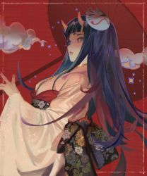 Rule 34 | 1girl, absurdres, black hair, black sash, blunt ends, blush, breasts, commentary, cowboy shot, dated commentary, english commentary, fingernails, floral print, from side, gold trim, grey eyes, highres, hikimayu, holding, holding umbrella, horns, japanese clothes, kimono, long hair, long sleeves, looking at viewer, mask, medium breasts, nail polish, oil-paper umbrella, oni, oni horns, oni mask, original, parted lips, print sash, red background, red nails, sash, solo, steam, teeth, umbrella, white kimono, wide sleeves, wowmoto2