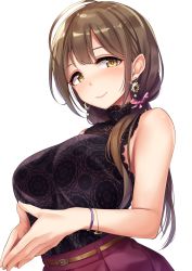 Rule 34 | 1girl, antenna hair, bare shoulders, belt, blouse, blush, bow, bracelet, braid, breasts, brown hair, earrings, gem, glint, hair bow, highres, idolmaster, idolmaster shiny colors, jewelry, kurenai hanpen, kuwayama chiyuki, lace, lace-trimmed shirt, lace trim, large breasts, long hair, looking at viewer, own hands together, pearl (gemstone), shirt, simple background, sleeveless, sleeveless shirt, smile, solo, tarame, turtleneck, white background, wristband, yellow eyes