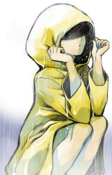 Rule 34 | 1girl, child, closed mouth, commentary request, dot mouth, holding hood, little nightmares ii, looking at viewer, rain, shaded face, sideways glance, six (little nightmares), solo, squatting, tinkle2013, wet, yellow raincoat