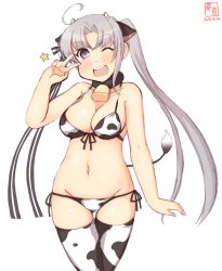 Rule 34 | 1girl, ahoge, akitsushima (kancolle), alternate costume, animal ears, animal print, artist logo, bell, bikini, breasts, cleavage, commentary request, cow ears, cow horns, cow print, cow tail, cowbell, cowboy shot, dated, fake animal ears, fake horns, front-tie top, highres, horns, kanon (kurogane knights), kantai collection, large breasts, long hair, looking at viewer, one-hour drawing challenge, open mouth, purple eyes, purple hair, round teeth, side-tie bikini bottom, side ponytail, sidelocks, simple background, smile, solo, swimsuit, tail, teeth, upper teeth only, v over eye, white background, white bikini, white legwear
