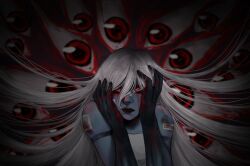 Rule 34 | 1girl, ariane yeong, blood, bloody tears, blue skin, colored skin, highres, long hair, looking at viewer, multicolored eyes, ohime illust, red eyes, signalis, solo, very long hair, white hair
