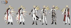 Rule 34 | 1boy, asymmetrical clothes, blonde hair, chinese commentary, chinese text, closed mouth, concept art, cross, highres, honkai (series), honkai impact 3rd, juer1004, logo, long hair, male focus, official art, otto apocalypse, pants, ponytail, smile, solo, standing, white pants