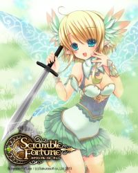 Rule 34 | 1boy, 1girl, :d, armor, blonde hair, blue eyes, breasts, cleavage, copyright name, fairy wings, hair ornament, holding, ichiru (yuzu-an), looking at viewer, official art, open mouth, pleated skirt, scramble fortune, short hair, skirt, smile, sword, weapon, wings