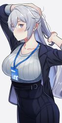 Rule 34 | 1girl, absurdres, belt, black belt, black skirt, breasts, bronya zaychik, bronya zaychik (silverwing: n-ex), closed mouth, collarbone, commentary, english commentary, grey eyes, grey hair, highres, honkai (series), honkai impact 3rd, id card, large breasts, long hair, nuebunny, official alternate costume, ponytail, simple background, skirt, solo, upper body, white background