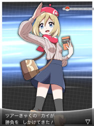 Rule 34 | 1girl, :d, absurdres, arrow (symbol), bag, beret, black skirt, black thighhighs, blonde hair, blue eyes, book, boots, border, brown bag, brown footwear, commentary request, contemporary, creatures (company), dialogue box, game freak, grey sweater, hat, highres, holding, holding book, irida (pokemon), nintendo, open mouth, pink hat, pink scarf, poke ball symbol, pokemon, pokemon legends: arceus, ribbed sweater, scarf, shabana may, short hair, shoulder bag, skirt, smile, solo, sweater, teeth, thighhighs, tongue, translated, upper teeth only, white border