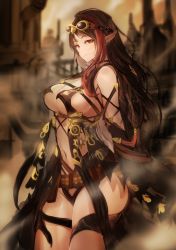 Rule 34 | 1girl, absurdres, bare shoulders, blurry, blurry background, breasts, brown hair, cleavage, closed mouth, commentary request, detached sleeves, earrings, goggles, goggles on head, highres, jewelry, large breasts, long hair, midriff, multicolored hair, navel, original, pointy ears, red eyes, revealing clothes, ricci, sideboob, slit pupils, smile, solo, strap, thighs, underboob