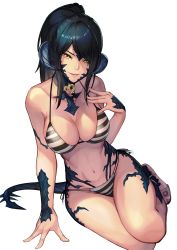 Rule 34 | 1girl, absurdres, au ra, bikini, black hair, black horns, breasts, commission, dragon horns, dragon tail, final fantasy, final fantasy xiv, heart collar, highres, hinoru saikusa, horns, large breasts, long hair, looking at viewer, navel, parted bangs, ponytail, sapphira nyx, scales, second-party source, skeb commission, solo, striped bikini, striped clothes, swimsuit, tail, warrior of light (ff14), white background, yellow eyes