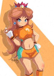 Rule 34 | 1girl, absurdres, blue eyes, breasts, brown hair, crown, earrings, flower earrings, gloves, grin, hand on own hip, hand up, highres, jewelry, long hair, looking at viewer, mario (series), midriff, navel, nintendo, playing with own hair, princess daisy, retro, shorts, smile, soccer uniform, solo, sportswear, super mario land, super mario strikers, thighs, tomboy