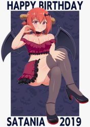 Rule 34 | 1girl, black thighhighs, blouse, blush, breasts, cleavage, demon girl, fang, gabriel dropout, highres, long hair, looking at viewer, nyaroon, purple eyes, red hair, red shirt, satanichia kurumizawa mcdowell, shirt, shoes, simple background, skirt, smile, solo, thighhighs, wings