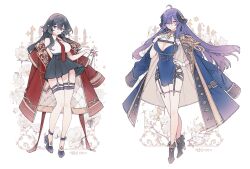 Rule 34 | 2girls, ahoge, ankle strap, black eyes, black hair, black skirt, blue coat, blue dress, blue hair, boots, breasts, chain, cleavage, cleavage cutout, clothing cutout, coat, coat on shoulders, collared shirt, double-parted bangs, dress, epaulettes, fashion, floral background, flower, full body, garter straps, glasses, gloves, gradient hair, grey eyes, hair ornament, high heel boots, high heels, large breasts, lemon89h, long hair, looking at viewer, military coat, mole, mole under eye, multicolored hair, multiple girls, original, orignal, pink lips, pink nails, pleated skirt, pointy ears, purple hair, red coat, rose, shirt, sidelocks, skirt, sleeveless, sleeveless shirt, standing, two-tone hair, white flower, white gloves, white rose, white shirt