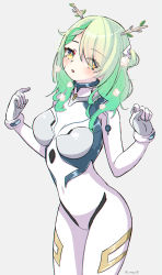 Rule 34 | 1girl, absurdres, antlers, bodysuit, braid, braided bangs, branch, ceres fauna, flower, green hair, hair flower, hair ornament, highres, hololive, hololive english, horns, long hair, magui3, mole, mole under eye, multicolored hair, neon genesis evangelion, pilot suit, plugsuit, rebuild of evangelion, single braid, solo, virtual youtuber, yellow eyes