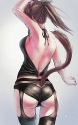 Rule 34 | 1girl, akaha 06, animal ears, arm up, armpits, back, bare arms, bare back, bare shoulders, black garter belt, black panties, black thighhighs, breasts, brown hair, cat ears, cat girl, cat tail, clothing cutout, cowboy shot, facing away, final fantasy, final fantasy xiv, from behind, garter belt, hidden face, highres, long hair, miqo&#039;te, nape, panties, solo, tail, tail raised, tail through clothes, thighhighs, underwear