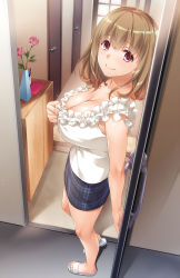 Rule 34 | 1girl, bare arms, bare shoulders, blouse, blue skirt, blush, breasts, brown hair, cleavage, closed mouth, clothes pull, collarbone, door, doorway, flower, frilled shirt, frills, from above, from side, full body, indoors, jewelry, large breasts, looking at viewer, looking to the side, medium hair, miniskirt, nakajima yuka, open door, original, pen, pencil skirt, pink eyes, pink flower, pink rose, plaid, plaid skirt, pov doorway, pulled by self, red eyes, ring, rose, sandals, scissors, shelf, shirt, shirt pull, skirt, sleeveless, sleeveless shirt, smile, solo, standing, tareme, vase, wedding band, white footwear, white shirt