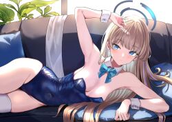 Rule 34 | 1girl, aqua bow, aqua bowtie, arm up, awnw, bare shoulders, blonde hair, blue archive, blue eyes, blue halo, blue leotard, blush, bow, bowtie, breasts, closed mouth, commentary request, couch, covered navel, detached collar, ear piercing, expressionless, halo, highleg, highleg leotard, highres, leotard, long hair, looking at viewer, lying, medium breasts, official alternate costume, on couch, on side, piercing, solo, strapless, strapless leotard, thighhighs, toki (blue archive), toki (bunny) (blue archive), white thighhighs