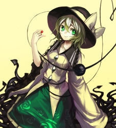 Rule 34 | 1girl, bow, green eyes, hat, hat bow, heart, heart of string, holding, komeiji koishi, long sleeves, looking at viewer, shirt, silver hair, skirt, smile, solo, spark621, third eye, touhou, wide sleeves, yellow background