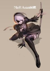 Rule 34 | 1girl, black dress, black hairband, blindfold, boots, cleavage cutout, clothing cutout, covered eyes, dress, feather-trimmed sleeves, gloves, hairband, highleg, highleg leotard, highres, juliet sleeves, leotard, long sleeves, mole, mole under mouth, nier:automata, nier (series), puffy sleeves, rekaerb maerd, silver hair, simple background, solo, sword, thigh boots, thighhighs, thighhighs under boots, weapon, white leotard, 2b (nier:automata)