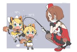 Rule 34 | 1boy, 2girls, animal costume, animal ears, aqua eyes, arm support, black gloves, black skirt, blonde hair, bow, brown eyes, brown hair, brown vest, chibi, commentary, dress, fur-trimmed vest, fur trim, gloves, hair bow, hair ornament, hairclip, hat, head rest, high heels, holding, holding whip, kagamine len, kagamine rin, lion costume, lion ears, lion tail, looking at another, magical mirai (vocaloid), magical mirai len, magical mirai meiko, magical mirai rin, meiko (vocaloid), miniskirt, multiple girls, najo, open mouth, outstretched arms, pantyhose, pleated skirt, red shirt, shako cap, shirt, short hair, shorts, skirt, sleeveless, sleeveless shirt, spiked hair, squatting, swept bangs, tail, twitter username, vest, vocaloid, whip, white bow, white gloves, white shorts, white skirt, yellow dress, yellow shirt
