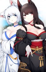 Rule 34 | 2girls, absurdres, akagi (azur lane), akagi (plum and snow) (azur lane), animal ear fluff, animal ears, azur lane, bare shoulders, black kimono, blue choker, blue eyes, blue sash, blue sky, blush, branch, breasts, brown hair, brown tail, choker, cleavage, closed mouth, collarbone, commentary, dated commentary, embarrassed, eyebrows, facial mark, fox ears, fox girl, fox tail, fur-trimmed kimono, fur trim, gloves, gradient background, head tilt, highres, japanese clothes, kaga (azur lane), kaga (white fox&#039;s new year) (azur lane), kimono, kitsune, kyuubi, large breasts, leaf, long hair, long sleeves, looking at viewer, medium hair, multiple girls, multiple tails, obi, official alternate costume, outdoors, parted lips, red choker, red eyes, red sash, samip, sash, sidelocks, simple background, sky, slit pupils, smile, symbol-only commentary, tail, teeth, tree, white gloves, white hair, white kimono, white tail, wide sleeves, xo
