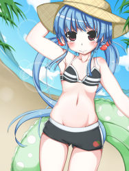 Rule 34 | 1girl, alternate costume, alternate hairstyle, armpits, bad id, bad pixiv id, bare arms, bare legs, bare shoulders, beach, bikini, bikini top only, black bikini, blue hair, blue sky, blush, blush stickers, braid, cloud, cloudy sky, day, food, fruit, groin, hair bobbles, hair ornament, hat, hinanawi tenshi, holding, holding clothes, holding hat, innertube, long hair, navel, nit., ocean, outdoors, peach, plant, red eyes, shorts, sky, smile, solo, summer, swim ring, swimsuit, thigh gap, touhou, tree, twin braids, twintails, water