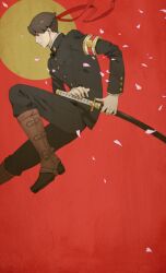 Rule 34 | 1boy, ace attorney, armband, black eyes, black hair, black jacket, black pants, boots, brown footwear, buttons, falling petals, from side, headband, holding, holding weapon, jacket, katana, kazuma asogi, long sleeves, male focus, pants, petals, profile, red background, red headband, school uniform, sheath, short hair, solo, sword, tamami, the great ace attorney, weapon