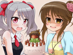 Rule 34 | 10s, 2girls, :d, blush, brown eyes, brown hair, cake, candle, collarbone, empty eyes, fire, flower, food, hair flower, hair ornament, idolmaster, idolmaster cinderella girls, jewelry, kanzaki ranko, long hair, multiple girls, necklace, necktie, open mouth, pink eyes, shaded face, short sleeves, silver hair, sleeveless, smile, sweat, takamori aiko, tears, twintails, uraichishi, wavy mouth