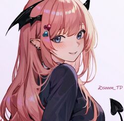 Rule 34 | 1girl, artist name, black shirt, black tail, black wings, blue eyes, blush, breasts, cropped, demon girl, demon tail, demon wings, ear piercing, hair ornament, head wings, heart, heart hair ornament, large breasts, lips, long sleeves, looking at viewer, looking back, original, paid reward available, piercing, pink hair, pointy ears, raised eyebrow, shirt, simple background, smile, solo, sooon, tail, twitter username, white background, wings